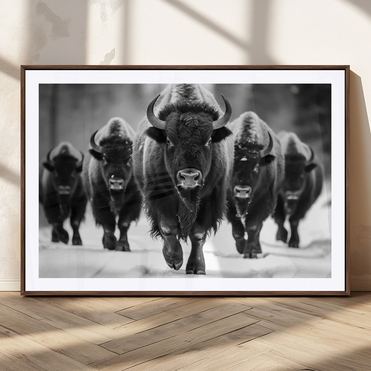 79872-MGC-FP-36x24_Walnut-Bison Herd Wall Art – Black and White Buffalo on Snow Canvas Print, Rustic Wildlife Decor for Lodge, Cabin, or Living Room
