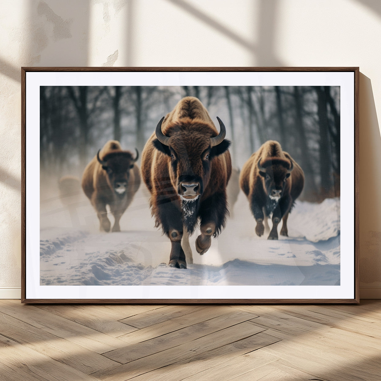 56549-MGC-FP-36x24_Walnut-Wild Bison Wall Art – Majestic Buffalo Herd Running in Snow Canvas Print, Rustic Wildlife Photography Decor for Cabin, Lodge, or