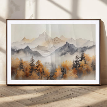 70049-MGC-FP-36x24_Walnut-Autumn Mountain Forest Wall Art – Misty Landscape Canvas Print, Rustic Nature Inspired Decor for Living Room, Bedroom or Office