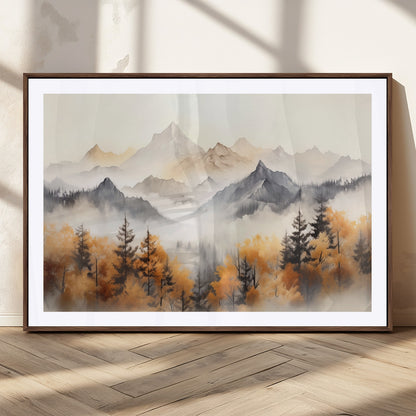 70049-MGC-FP-36x24_Walnut-Autumn Mountain Forest Wall Art – Misty Landscape Canvas Print, Rustic Nature Inspired Decor for Living Room, Bedroom or Office