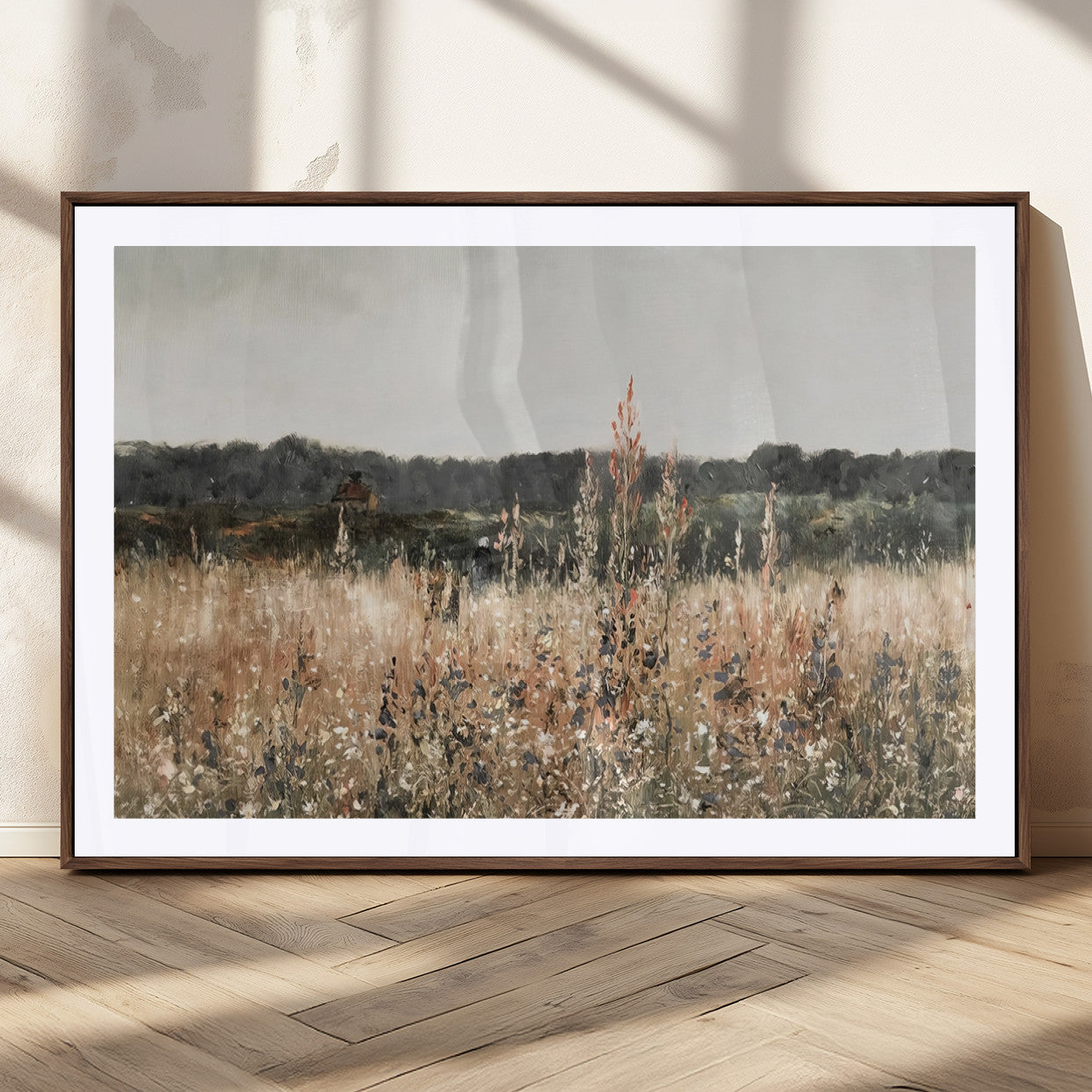 46308-MGC-FP-36x24_Walnut-Wildflower Field Wall Art – Rustic Meadow Landscape Canvas Print, Country Nature Decor for Living Room, Bedroom or Farmhouse