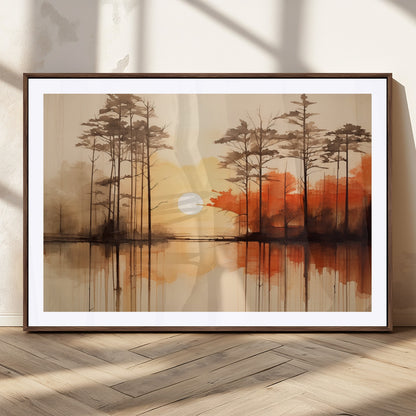 51083-MGC-FP-36x24_Walnut-Sunset Lake Forest Wall Art – Serene Trees and Orange Sky Reflection Canvas Print, Tranquil Nature Decor for Living Room, Office