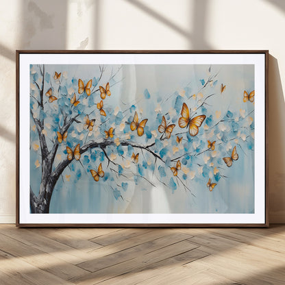 59455-MGC-FP-36x24_Walnut-Butterfly Tree Branch Wall Art – Blue and Yellow Abstract Canvas Print, Modern Nature Artwork for Living Room, Bedroom or Office