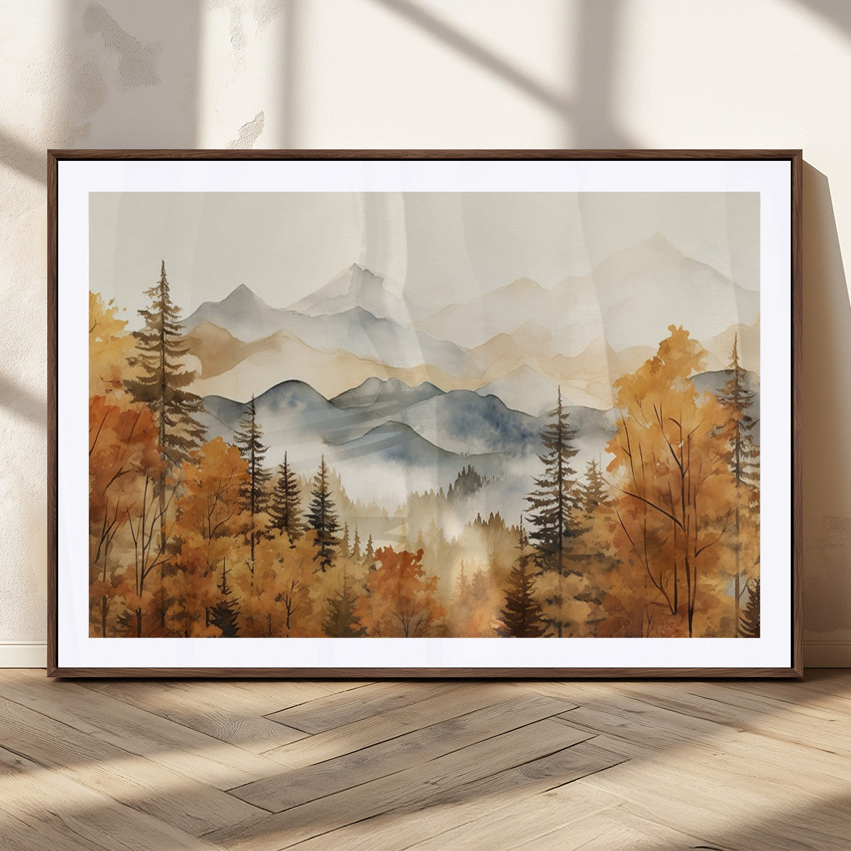72950-MGC-FP-36x24_Walnut-Autumn Mountain Forest Wall Art – Golden Fall Landscape Canvas Print, Nature-Inspired Home Decor for Living Room, Bedroom or