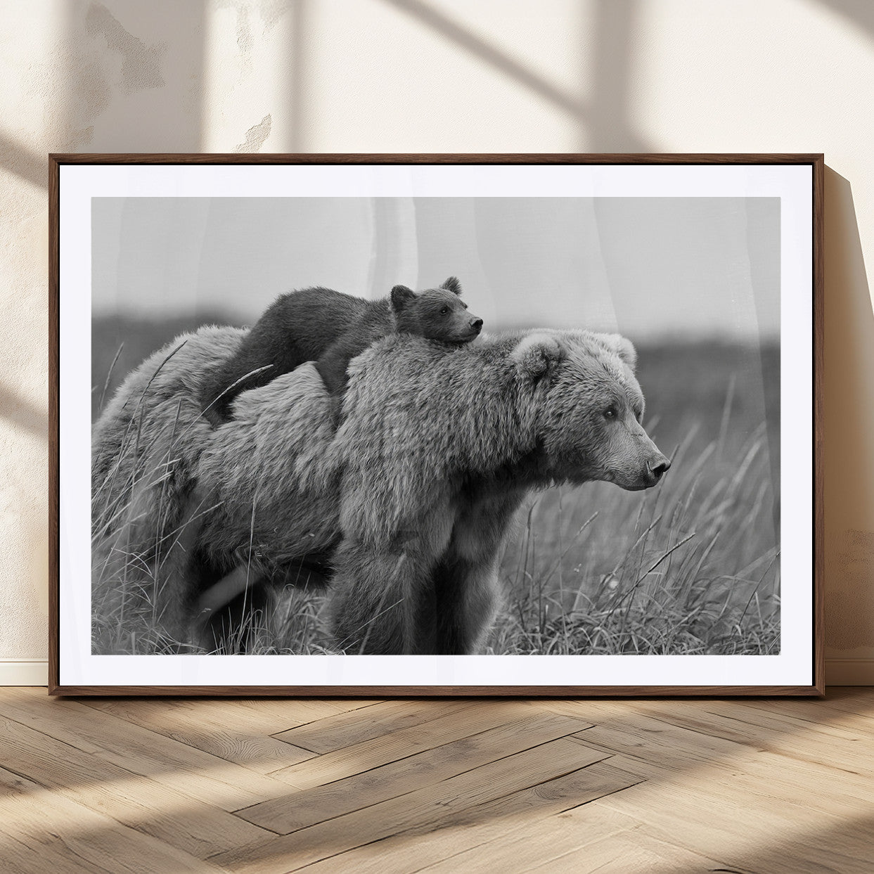 76338-MGC-FP-36x24_Walnut-Mother Bear and Cub Wall Art – Black and White Wildlife Canvas Print, Rustic Nature Photography for Cabin, Living Room or Office