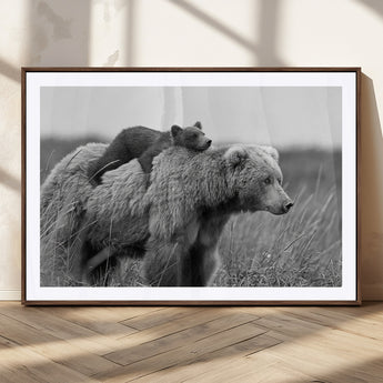 76338-MGC-FP-36x24_Walnut-Mother Bear and Cub Wall Art – Black and White Wildlife Canvas Print, Rustic Nature Photography for Cabin, Living Room or Office