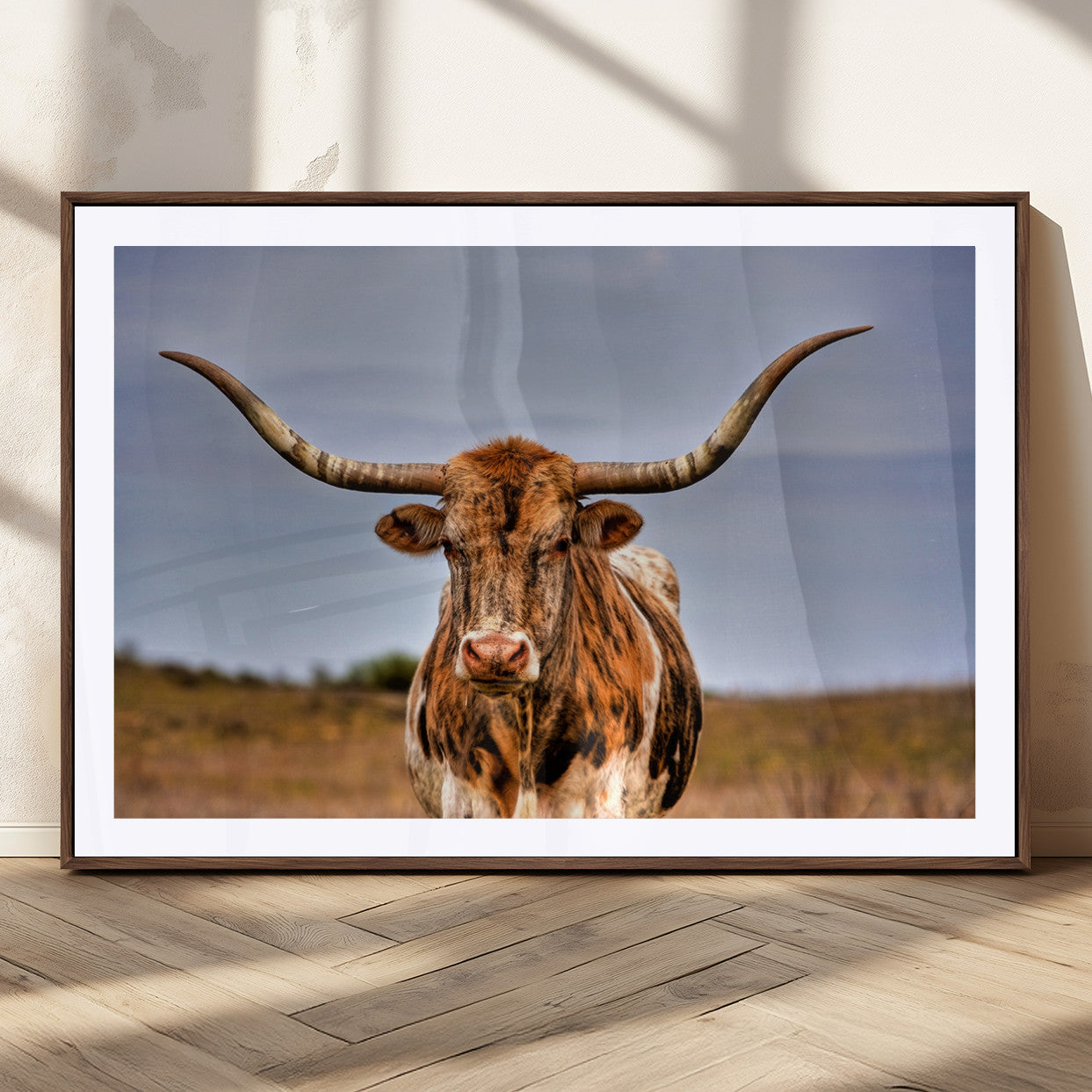 18594-MGC-FP-36x24_Walnut-Texas Longhorn Bull Wall Art – Rustic Western Cattle Canvas Print, Country Farmhouse Decor for Living Room, Office or Cabin