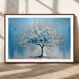 25021-MGC-FP-36x24_Walnut-Abstract Tree Wall Art – Blue and White Canvas Painting with Gold Accents, Modern Nature-Inspired Artwork for Living Room, Bedroom