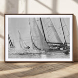 Boat-1-MGC-FP-36x24_Walnut-Sailboat Racing Wall Art – Nautical Black and White Canvas Print, Ocean Adventure Decor for Office, Living Room or Bedroom
