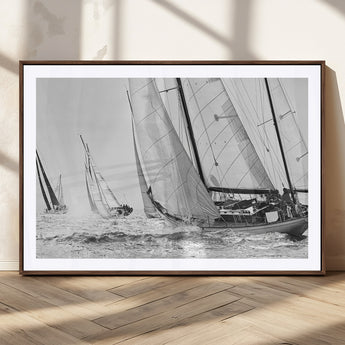 Boat-1-MGC-FP-36x24_Walnut-Sailboat Racing Wall Art – Nautical Black and White Canvas Print, Ocean Adventure Decor for Office, Living Room or Bedroom