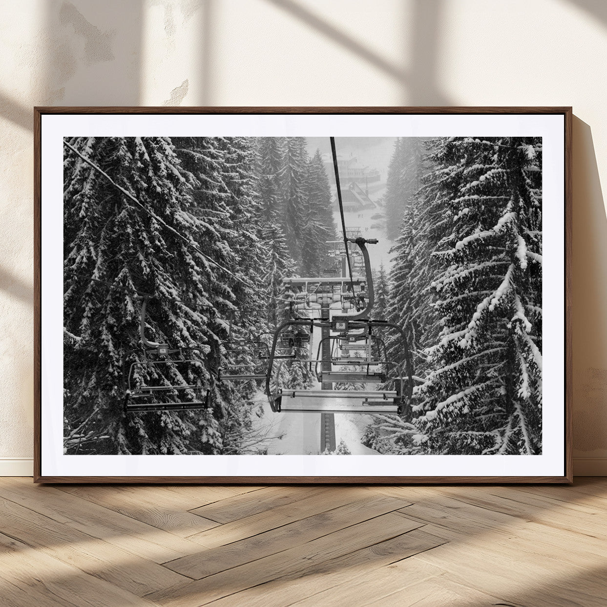 19240-MGC-FP-36x24_Walnut-Ski Lift Wall Art – Black and White Winter Mountain Canvas Print, Snowy Forest Ski Resort Photography for Cabin, Lodge, Office or