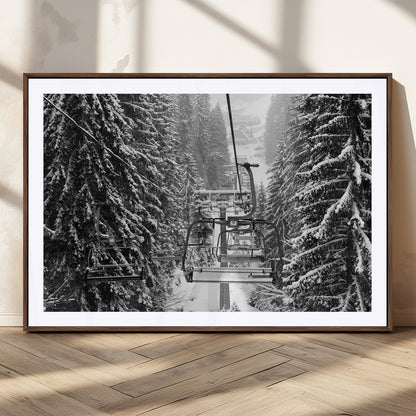 19240-MGC-FP-36x24_Walnut-Ski Lift Wall Art – Black and White Winter Mountain Canvas Print, Snowy Forest Ski Resort Photography for Cabin, Lodge, Office or