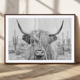 94579-MGC-FP-36x24_Walnut-Highland Cow Wall Art – Black and White Longhorn Canvas Print, Rustic Western Farmhouse Animal Photography for Living Room,