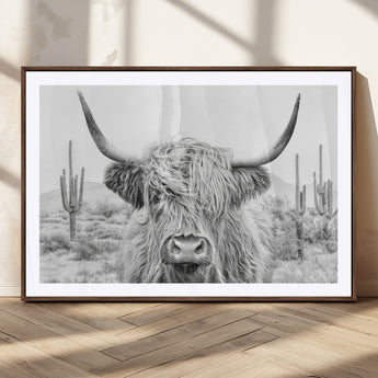 94579-MGC-FP-36x24_Walnut-Highland Cow Wall Art – Black and White Longhorn Canvas Print, Rustic Western Farmhouse Animal Photography for Living Room,