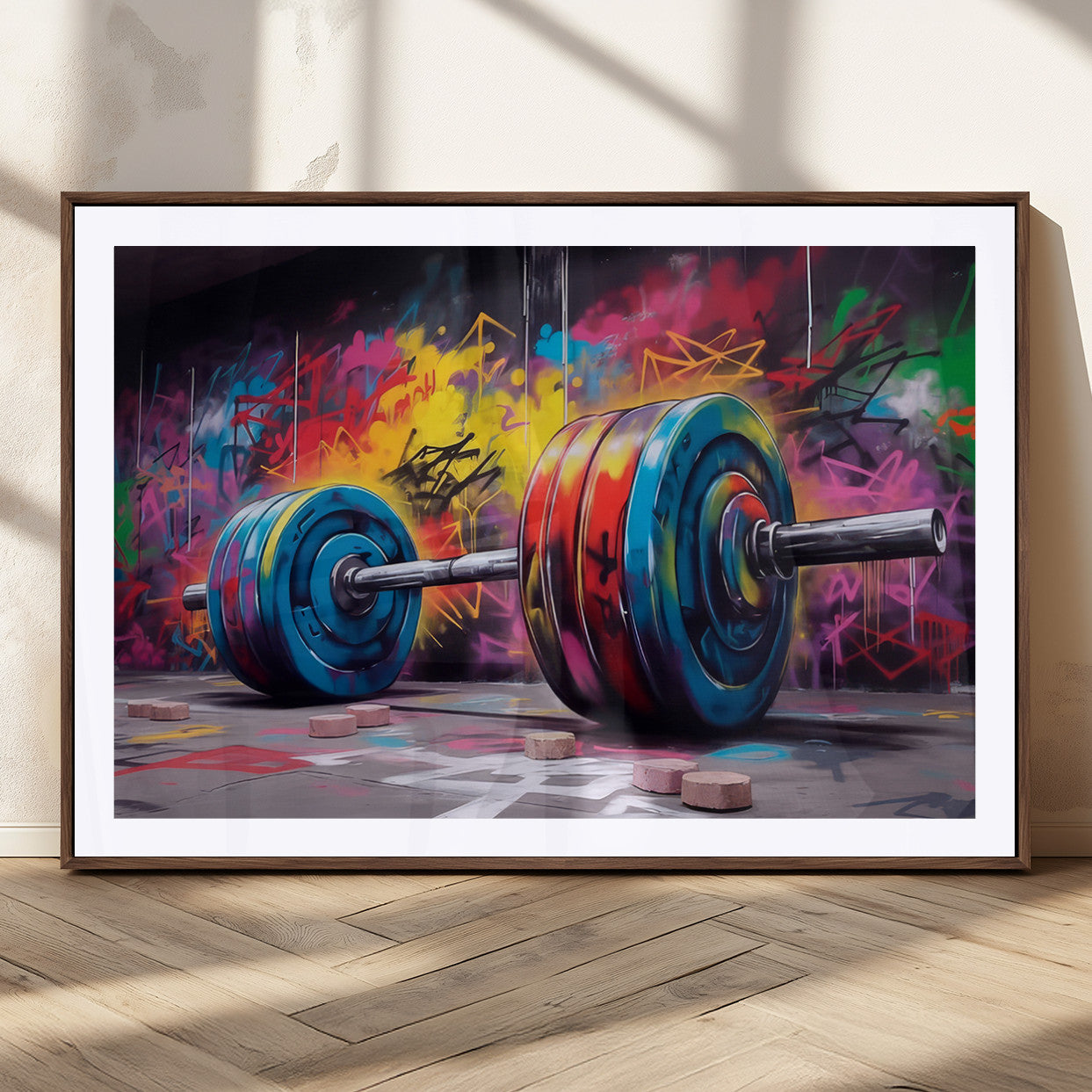 13549-MGC-FP-36x24_Walnut-Graffiti Gym Wall Art Canvas Print, Framed Graffiti Barbell Art Picture Print, Weightlifting Perfect Fitness Studio Decor Artwork