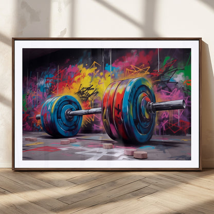 13549-MGC-FP-36x24_Walnut-Graffiti Gym Wall Art Canvas Print, Framed Graffiti Barbell Art Picture Print, Weightlifting Perfect Fitness Studio Decor Artwork