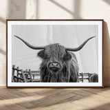 58188-MGC-FP-36x24_Walnut-Highland Cow Wall Art – Black and White Rustic Farmhouse Canvas Print, Longhorn Cattle Photography Decor for Living Room or
