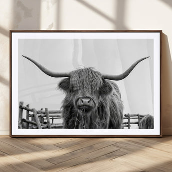 58188-MGC-FP-36x24_Walnut-Highland Cow Wall Art – Black and White Rustic Farmhouse Canvas Print, Longhorn Cattle Photography Decor for Living Room or
