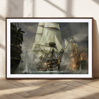 26512-MGC-FP-36x24_Walnut-Naval Battle Wall Art – Dramatic Tall Ship Canvas Print, Historic Pirate Sailing War Scene, Nautical Decor for Office, Study or