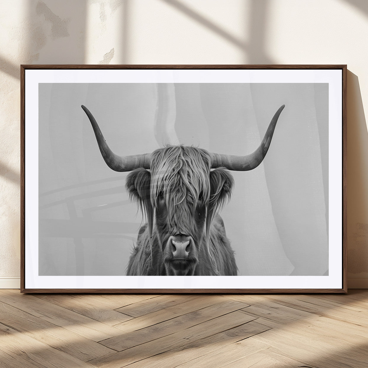 35820-MGC-FP-36x24_Walnut-Minimalist Highland Cow Wall Art – Black and White Longhorn Cattle Canvas Print, Modern Farmhouse Animal Photography Decor for