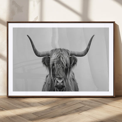 35820-MGC-FP-36x24_Walnut-Minimalist Highland Cow Wall Art – Black and White Longhorn Cattle Canvas Print, Modern Farmhouse Animal Photography Decor for