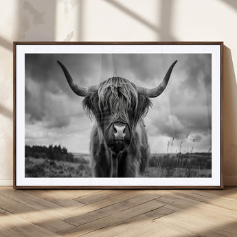 17924-MGC-FP-36x24_Walnut-Highland Cow Wall Art – Black and White Rustic Longhorn Cattle Canvas Print, Farmhouse Animal Photography Decor for Country Home