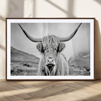 80564-MGC-FP-36x24_Walnut-Highland Cow Wall Art – Black and White Scottish Highland Canvas Print, Rustic Farmhouse Decor for Living Room, Bedroom or Office