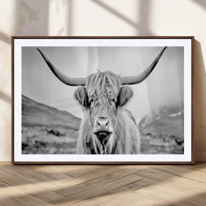 80564-MGC-FP-36x24_Walnut-Highland Cow Wall Art – Black and White Scottish Highland Canvas Print, Rustic Farmhouse Decor for Living Room, Bedroom or Office