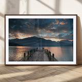20442-MGC-FP-36x24_Walnut-Lakeside Sunset Dock Wall Art – Peaceful Mountain Lake Canvas Print, Serene Nature Landscape Decor for Living Room, Bedroom or
