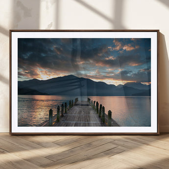 20442-MGC-FP-36x24_Walnut-Lakeside Sunset Dock Wall Art – Peaceful Mountain Lake Canvas Print, Serene Nature Landscape Decor for Living Room, Bedroom or