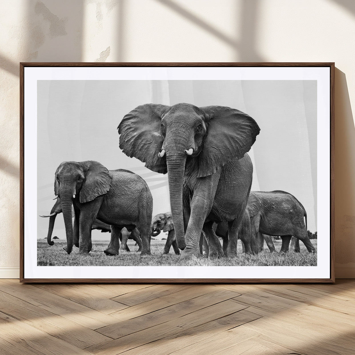 91685-MGC-FP-36x24_Walnut-Elephant Herd Wall Art – Black and White Safari Canvas Print, African Wildlife Photography Decor for Living Room, Office or