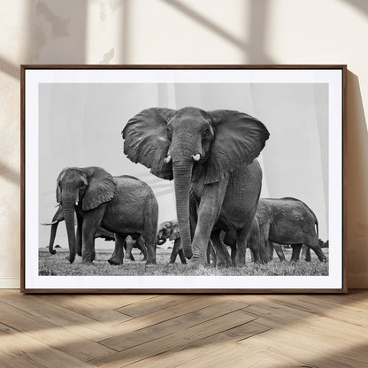 91685-MGC-FP-36x24_Walnut-Elephant Herd Wall Art – Black and White Safari Canvas Print, African Wildlife Photography Decor for Living Room, Office or
