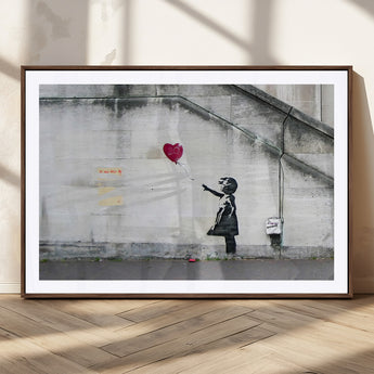 50559-MGC-FP-36x24_Walnut-Banksy Girl with Balloon Wall Art – Famous Street Graffiti Canvas Print, Modern Urban Artwork for Living Room, Bedroom or Office