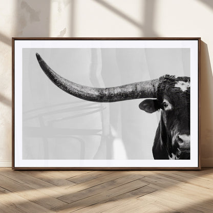 31699-MGC-FP-36x24_Walnut-Longhorn Wall Art – Black and White Texas Longhorn Cow Canvas Print, Rustic Western Farmhouse Artwork for Living Room, Bedroom or