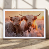 68253-MGC-FP-36x24_Walnut-Highland Cow Wall Art – Rustic Farmhouse Cattle Canvas Print, Frosty Sunset Animal Artwork for Living Room, Bedroom or Country