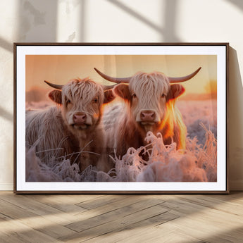 68253-MGC-FP-36x24_Walnut-Highland Cow Wall Art – Rustic Farmhouse Cattle Canvas Print, Frosty Sunset Animal Artwork for Living Room, Bedroom or Country