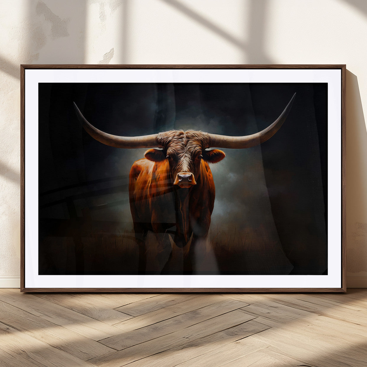 48896-MGC-FP-36x24_Walnut-Texas Longhorn Wall Art – Rustic Western Bull Canvas Print and Farmhouse Cattle Painting for Living Room, Ranch, or Office Decor .