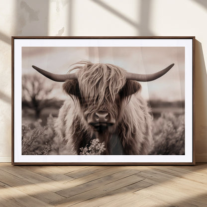 55903-MGC-FP-36x24_Walnut-Highland Cow Wall Art – Rustic Sepia Scottish Highland Bull Canvas Print, Farmhouse Country Animal Decor for Living Room, Bedroom