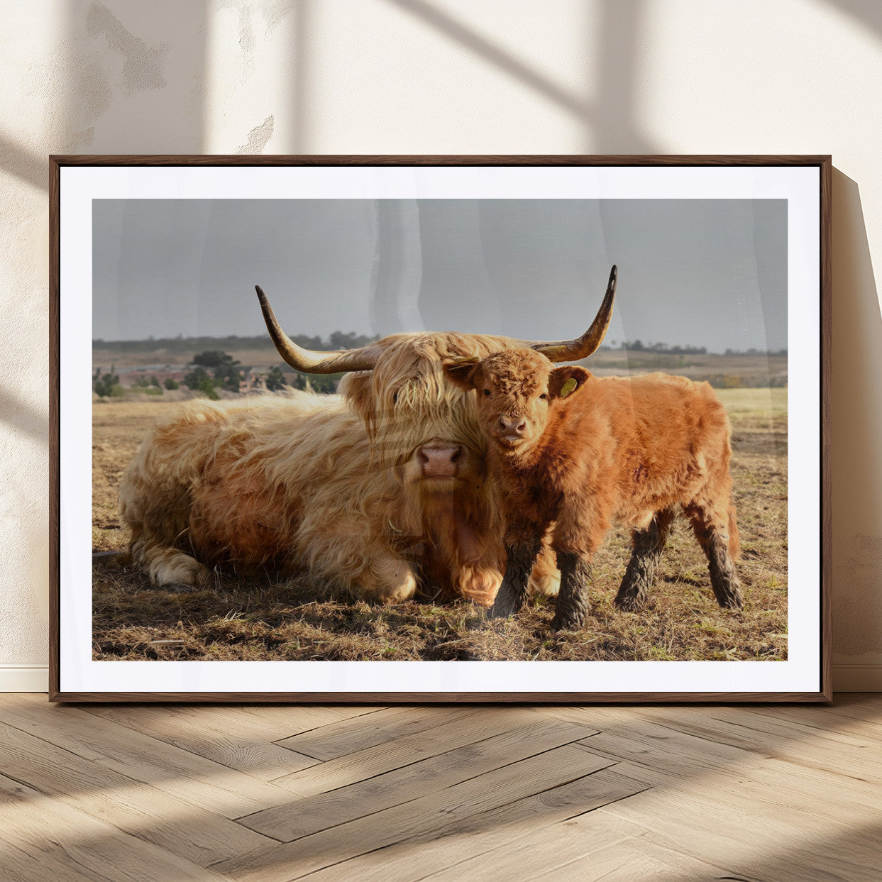 53461-MGC-FP-36x24_Walnut-Highland Cow Family Wall Art – Rustic Farmhouse Animal Canvas Print, Country Decor for Living Room, Bedroom or Office, Calf and