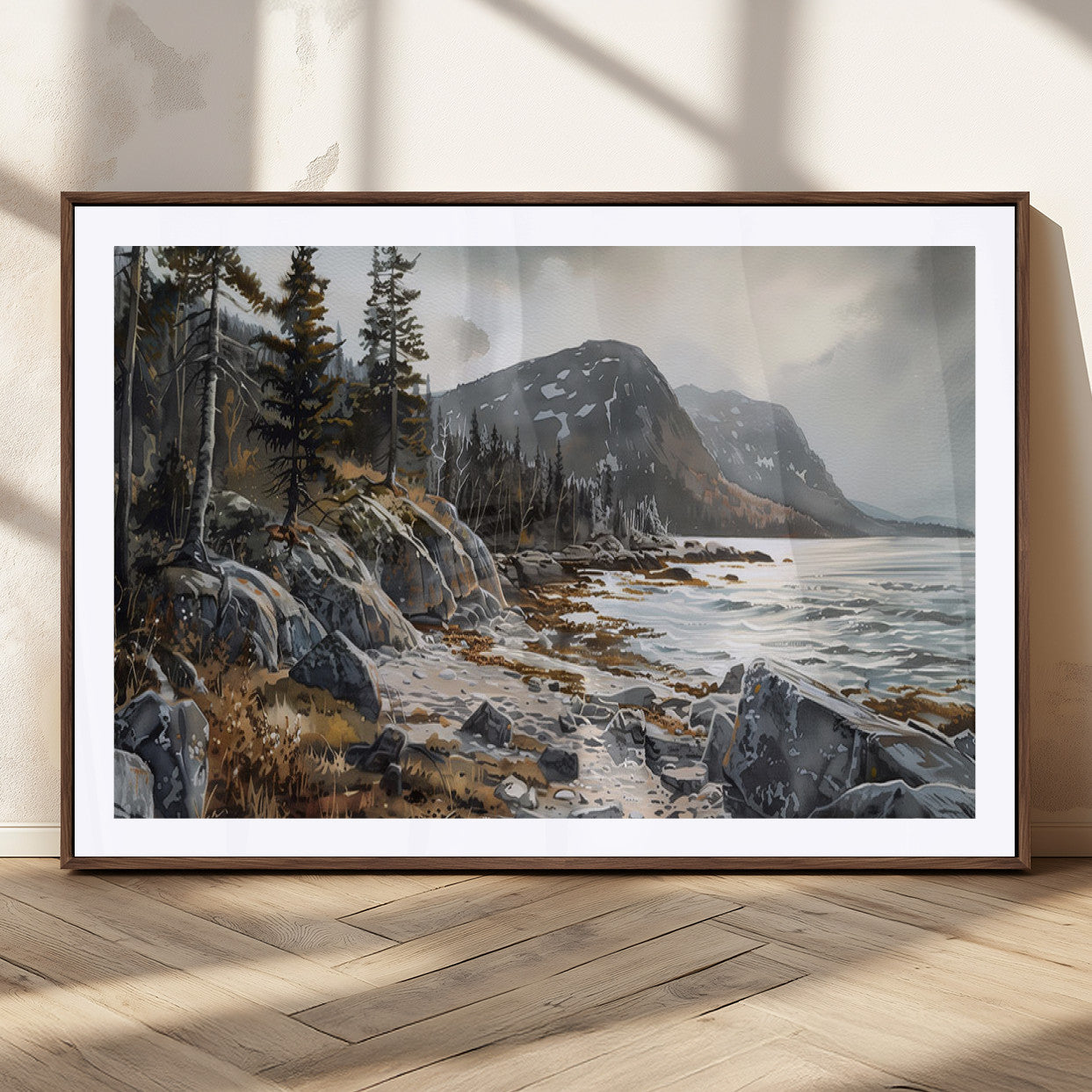41281-MGV-CV-36X24-Rocky Shoreline Wall Art – Panoramic Mountain Coast and Forest Canvas Print, Rustic Nature Landscape Decor for Cabin, Lodge, or