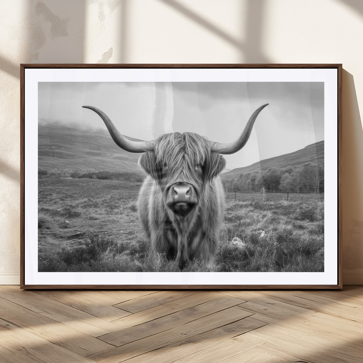 52903-MGC-FP-36x24_Walnut-Highland Cow Wall Art – Black and White Canvas Print Rustic Cattle Portrait, Farmhouse Country Decor for Living Room, Office,