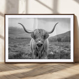 52903-MGC-FP-36x24_Walnut-Highland Cow Wall Art – Black and White Canvas Print Rustic Cattle Portrait, Farmhouse Country Decor for Living Room, Office,