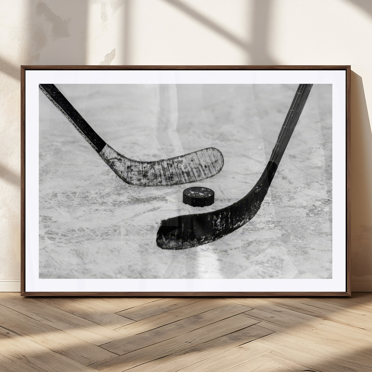 82900-MGC-FP-36x24_Walnut-Hockey Wall Art – Black and White Canvas Print Ice Rink Sticks Puck Sports Photography, Modern Decor for Game Room, Man Cave,