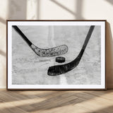 82900-MGC-FP-36x24_Walnut-Hockey Wall Art – Black and White Canvas Print Ice Rink Sticks Puck Sports Photography, Modern Decor for Game Room, Man Cave,