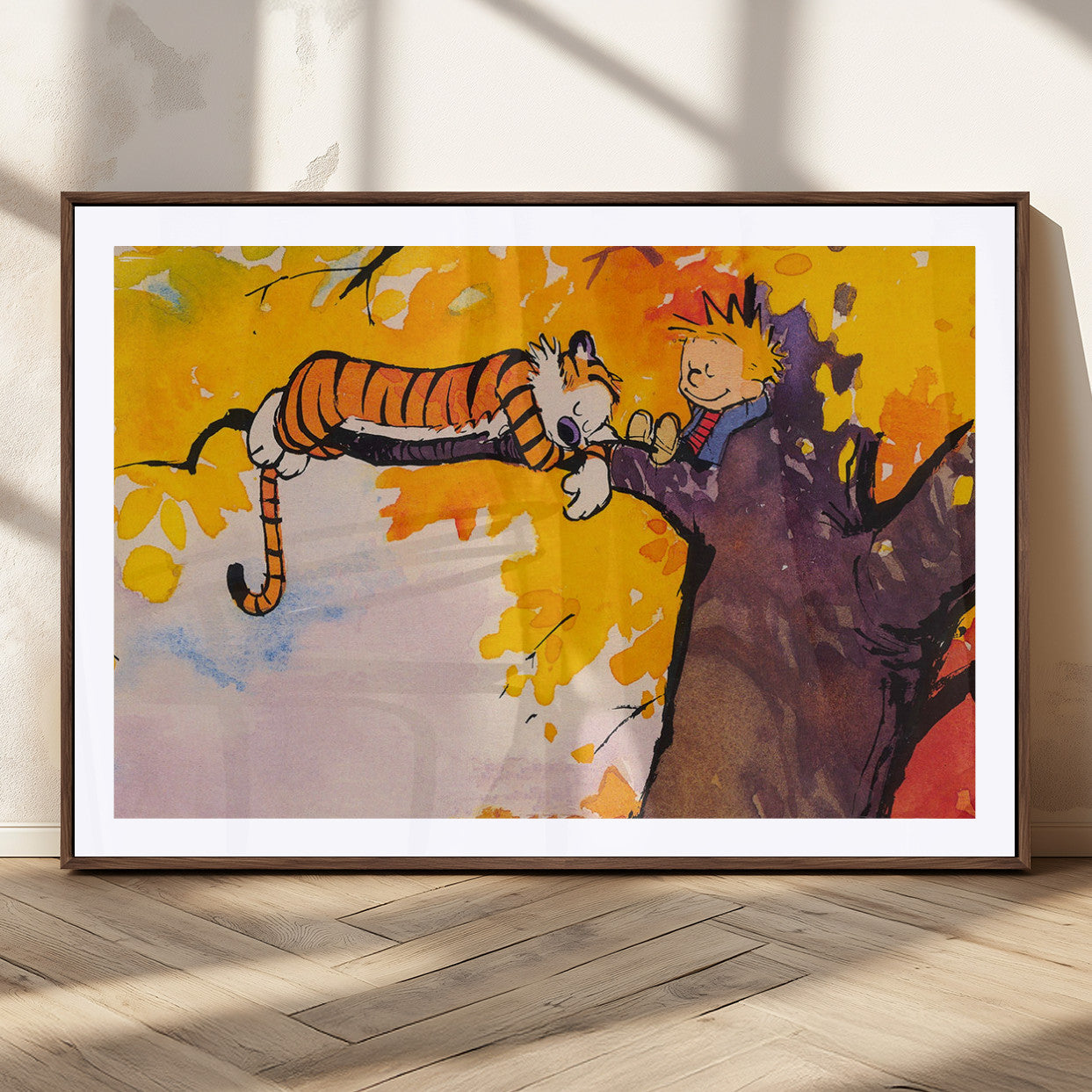 55145-MGV-CV-36X24-Cartoon Wall Art – Colorful Autumn Tree Canvas Print Whimsical Boy Tiger Relaxing Scene, Playful Vintage Style Decor for Living