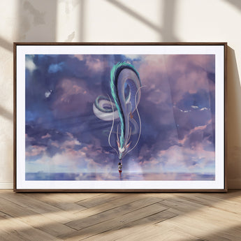 66864-MGV-CV-36X24-Fantasy Dragon Wall Art – Mystical Canvas Print Girl and Sky Serpent Dreamlike Clouds, Magical Anime Inspired Decor for Living