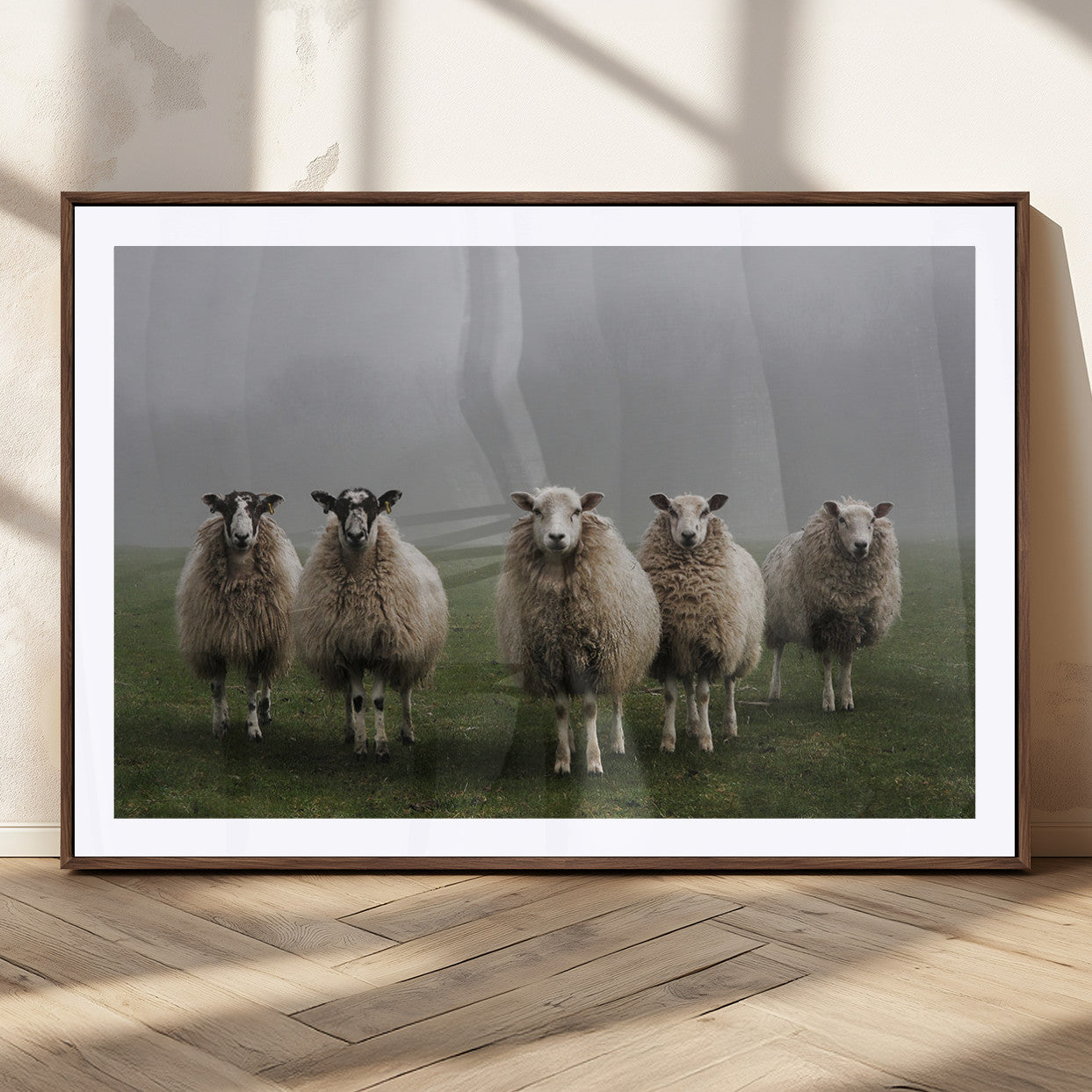 87339-MGV-CV-36X24-Sheep Wall Art – Rustic Farmhouse Canvas Print Flock Standing Misty Field Countryside Photography, Country Animal Decor for Living