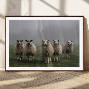 87339-MGV-CV-36X24-Sheep Wall Art – Rustic Farmhouse Canvas Print Flock Standing Misty Field Countryside Photography, Country Animal Decor for Living