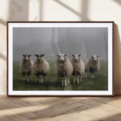87339-MGV-CV-36X24-Sheep Wall Art – Rustic Farmhouse Canvas Print Flock Standing Misty Field Countryside Photography, Country Animal Decor for Living