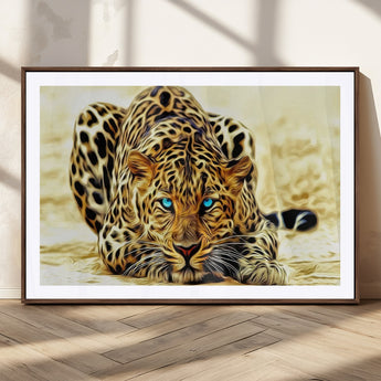 45281-MGC-FP-36x24_Walnut-Blue Eye Leopard Wall Art Canvas Print, Framed Leopard Painting Art Picture Print, Big Cat Perfect Safari Wildlife Decor Artwork